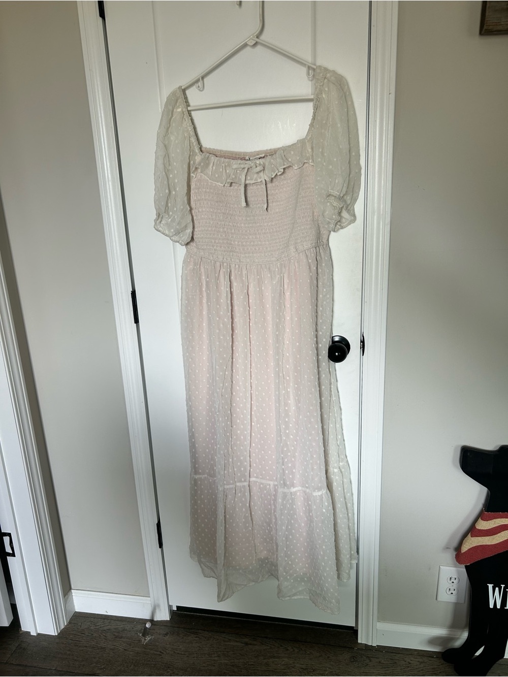 Light Pink Swiss Dot Maxi Dress with Puff Sleeves